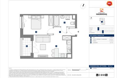 Rzut - Mieszkanie na sprzedaż 2 pokoje o powierzchni 36,97 m² - numer B.22 w Osiedle przy Malborskiej II