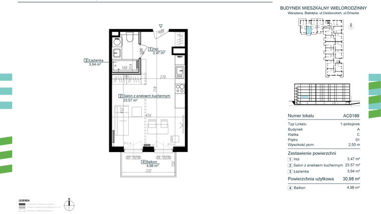 Rzut - Mieszkanie na sprzedaż 1 pokój o powierzchni 30,98 m² - numer AC0189 w Orneko