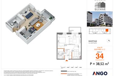 Rzut - Mieszkanie na sprzedaż 2 pokoje o powierzchni 38,52 m² - numer 34 w Bulwar bud. 2