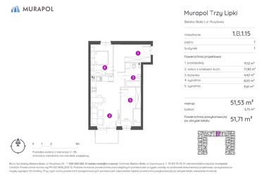 Rzut - Mieszkanie na sprzedaż 3 pokoje o powierzchni 51,71 m² - numer 1.B.1.15 w Murapol Trzy Lipki