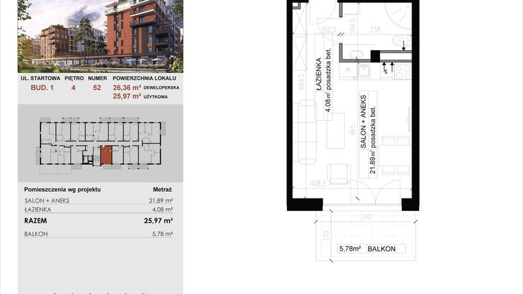 Rzut - Mieszkanie na sprzedaż 1 pokój o powierzchni 25,97 m² - numer 52 w M|City