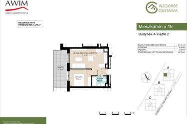 Rzut - Mieszkanie na sprzedaż 2 pokoje o powierzchni 34,79 m² - numer A16 w Wzgórze Gustawa