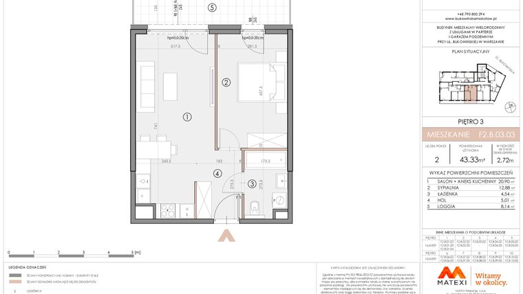 Rzut - Mieszkanie na sprzedaż 2 pokoje o powierzchni 43,3 m² - numer F2.B.03.03 w Bukowińska Mokotów etap 2