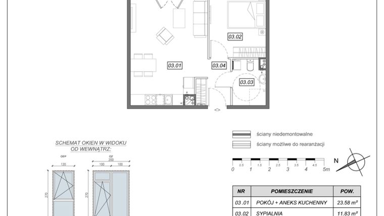Rzut - Mieszkanie na sprzedaż 2 pokoje o powierzchni 43,88 m² - numer 9.A.03 w Nowe Południe bud. 9