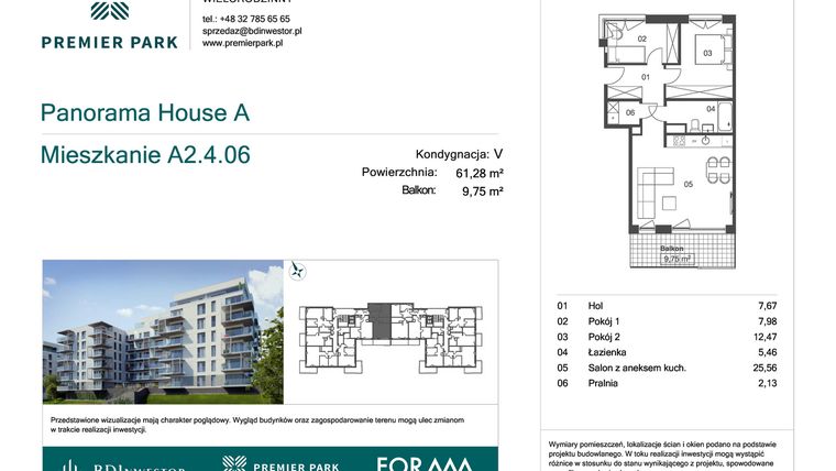 Rzut - Mieszkanie na sprzedaż 3 pokoje o powierzchni 61,28 m² - numer A2.4.06 w Premier Park II