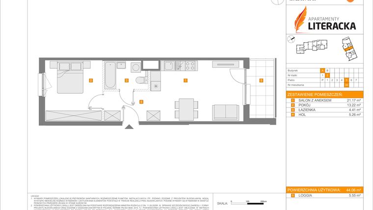 Rzut - Mieszkanie na sprzedaż 2 pokoje o powierzchni 44,06 m² - numer A.34 w Apartamenty Literacka