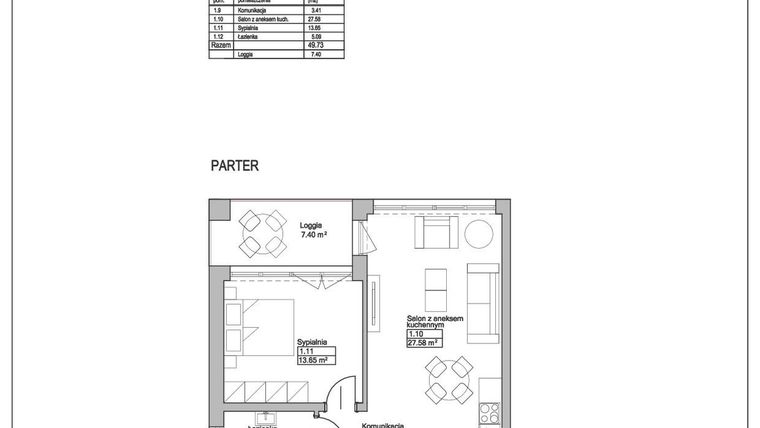 Rzut - Mieszkanie na sprzedaż 2 pokoje o powierzchni 49,73 m² - numer M9 w Ogrody Reymonta
