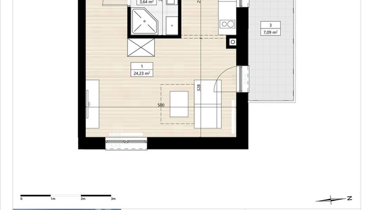 Rzut - Mieszkanie na sprzedaż 1 pokój o powierzchni 27,87 m² - numer B3/1/18 w Montano bud. B3 - apartamenty inwestycyjne