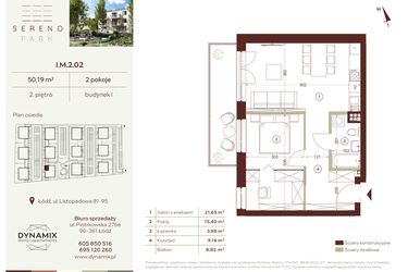 Rzut - Mieszkanie na sprzedaż 2 pokoje o powierzchni 50,19 m² - numer I.M.2.02 w Sereno Park