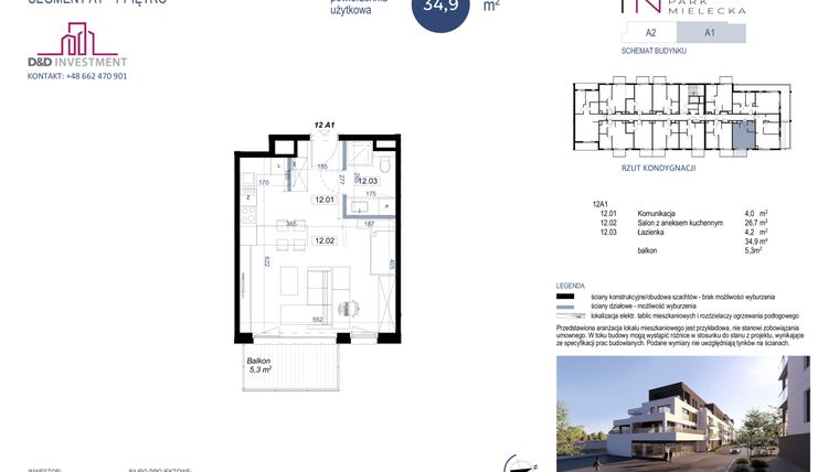 Rzut - Mieszkanie na sprzedaż 1 pokój o powierzchni 34,9 m² - numer A1-12 w Park Mielecka