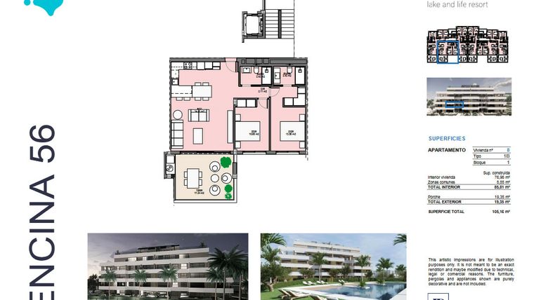 Rzut - Mieszkanie na sprzedaż 2 pokoje o powierzchni 76 m² - numer 8 w Santa Rosalía - Murcia