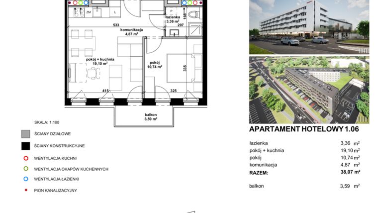 Rzut - Mieszkanie na sprzedaż 2 pokoje o powierzchni 38,01 m² - numer 1.06 w Apartamentowiec Zwycięska 3 - inwestycyjne