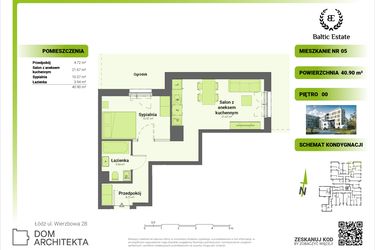 Rzut - Mieszkanie na sprzedaż 2 pokoje o powierzchni 40,9 m² - numer 00.M.05 w Dom Architekta