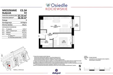 Rzut - Mieszkanie na sprzedaż 2 pokoje o powierzchni 36,56 m² - numer E3.34 w Osiedle Kociewskie bud. E