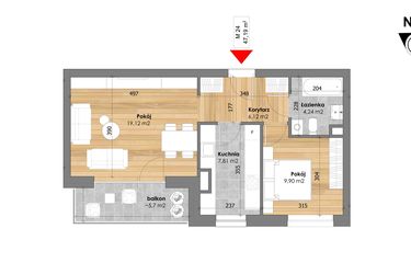 Rzut - Mieszkanie na sprzedaż 2 pokoje o powierzchni 47,19 m² - numer M24 w Przy Kochanowskiego