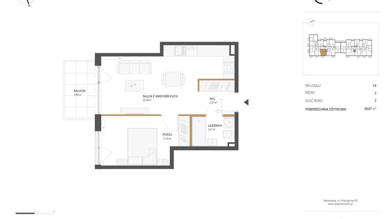 Rzut - Mieszkanie na sprzedaż 2 pokoje o powierzchni 38,67 m² - numer M.14 w Popularna 35