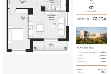 Rzut - Mieszkanie na sprzedaż 2 pokoje o powierzchni 44,28 m² - numer G1-104 w Piasta Park VI