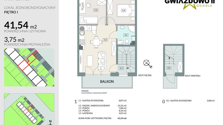 Rzut - Mieszkanie na sprzedaż 2 pokoje o powierzchni 41,54 m² - numer A19.2 w Gwiazdowo II