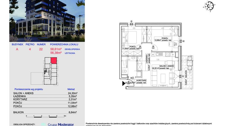 Rzut - Mieszkanie na sprzedaż 3 pokoje o powierzchni 56,38 m² - numer 22 w Ceramika