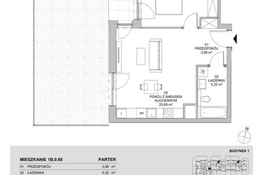 Rzut - Mieszkanie na sprzedaż 2 pokoje o powierzchni 46,85 m² - numer 1B.0.88 w Francuska Park VIIIB