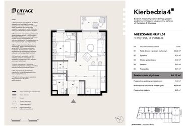 Rzut - Mieszkanie na sprzedaż 2 pokoje o powierzchni 44,15 m² - numer P1.01 w Kierbedzia 4