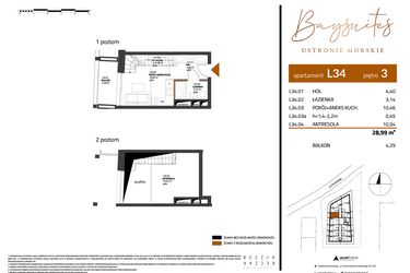 Rzut - Mieszkanie na sprzedaż 2 pokoje o powierzchni 28,99 m² - numer AP.3.34 w Baysuites