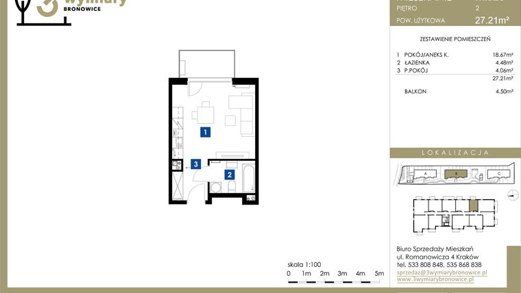 Rzut - Mieszkanie na sprzedaż 1 pokój o powierzchni 27,21 m² - numer M.B26 w 3 Wymiary Bronowice