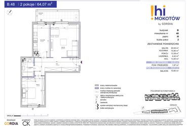 Rzut - Mieszkanie na sprzedaż 2 pokoje o powierzchni 64,07 m² - numer A1.B.48 w Hi Mokotów