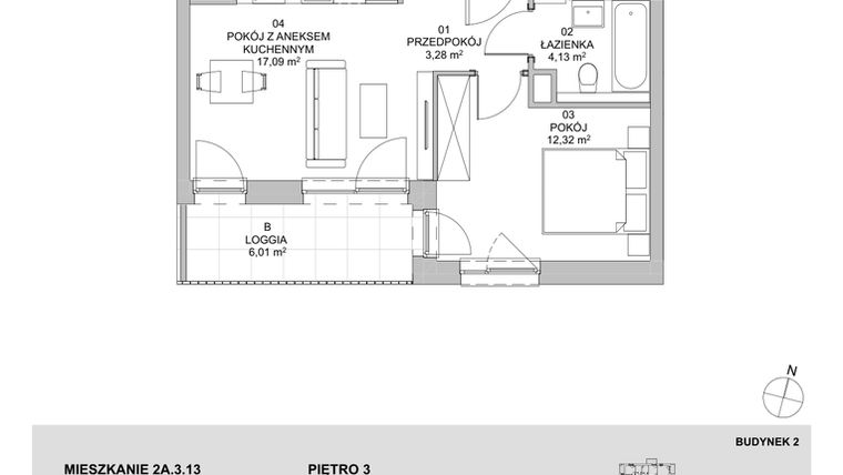 Rzut - Mieszkanie na sprzedaż 2 pokoje o powierzchni 36,82 m² - numer 2A.3.13 w Francuska Park VIIIA