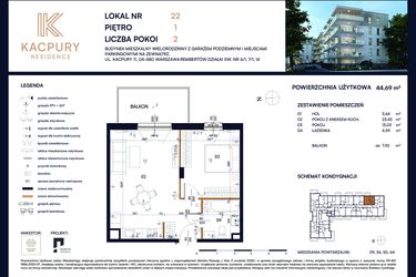 Rzut - Mieszkanie na sprzedaż 2 pokoje o powierzchni 44,69 m² - numer M22 w Kacpury Residence