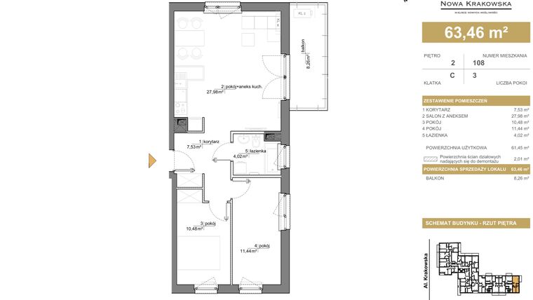 Rzut - Mieszkanie na sprzedaż 3 pokoje o powierzchni 63,46 m² - numer C.2.108 w Nowa Krakowska