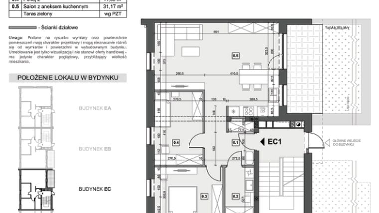Rzut - Mieszkanie na sprzedaż 3 pokoje o powierzchni 66,66 m² - numer EC1 w Wzgórze Zelwerowicza