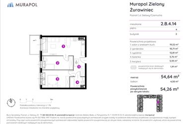 Rzut - Mieszkanie na sprzedaż 2 pokoje o powierzchni 54,26 m² - numer 2.B.4.14 w Murapol Zielony Żurawiniec