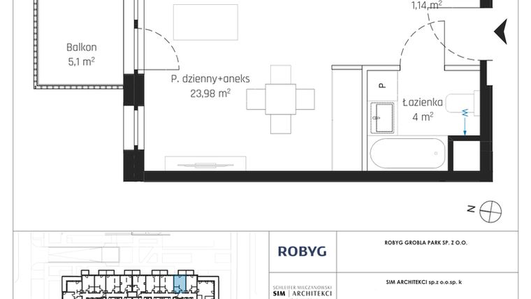 Rzut - Mieszkanie na sprzedaż 1 pokój o powierzchni 29,12 m² - numer J.2M24 w Nadmotławie Apartments etap J