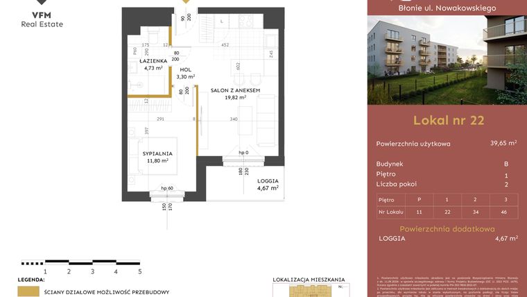Rzut - Mieszkanie na sprzedaż 2 pokoje o powierzchni 39,65 m² - numer 22 w Stacja Błonie etap II