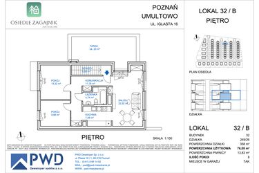 Rzut - Mieszkanie na sprzedaż 3 pokoje o powierzchni 76,09 m² - numer 32/B w Osiedle Zagajnik etap II - mieszkania