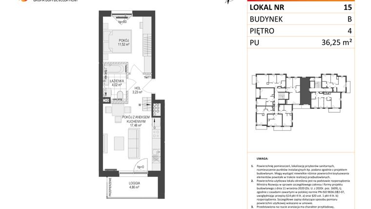 Rzut - Mieszkanie na sprzedaż 2 pokoje o powierzchni 36,25 m² - numer B.15 w Osiedle Warszawska etap III