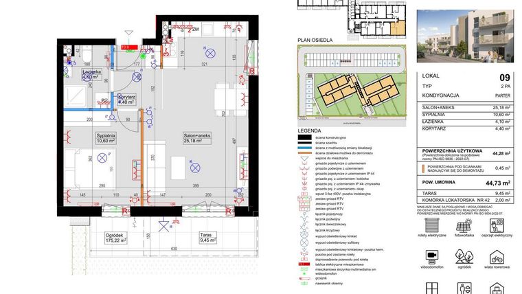 Rzut - Mieszkanie na sprzedaż 2 pokoje o powierzchni 44,28 m² - numer 9 w Harmony Antoninek