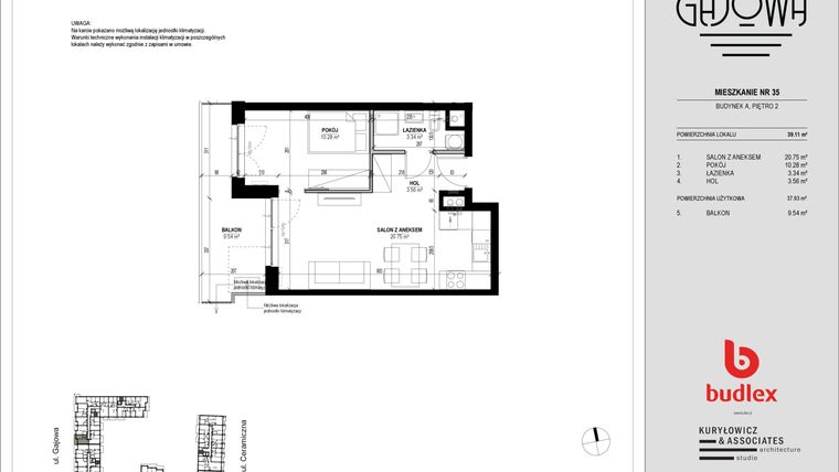 Rzut - Mieszkanie na sprzedaż 2 pokoje o powierzchni 39,29 m² - numer 35 w Gajowa bud. A