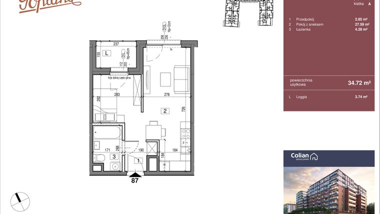 Rzut - Mieszkanie na sprzedaż 1 pokój o powierzchni 34,72 m² - numer G1/87 w Goplana budynek G