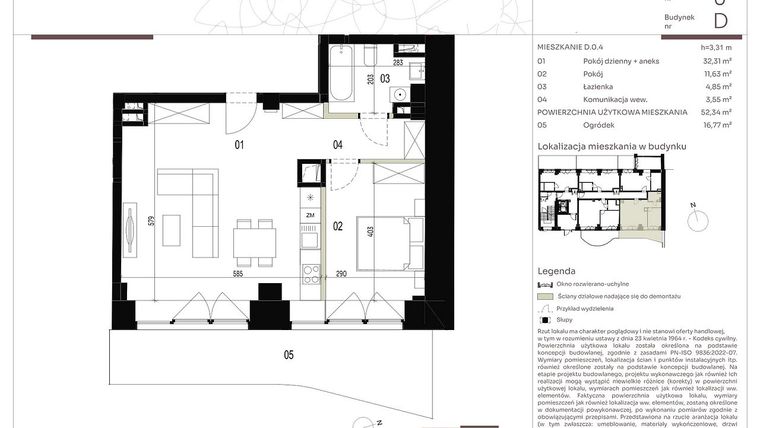 Rzut - Mieszkanie na sprzedaż 2 pokoje o powierzchni 52,34 m² - numer D.0.4 w Nowa Stawowa