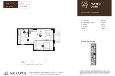 Rzut - Mieszkanie na sprzedaż 2 pokoje o powierzchni 40,99 m² - numer 2.B.0.03 w Murapol Corfa