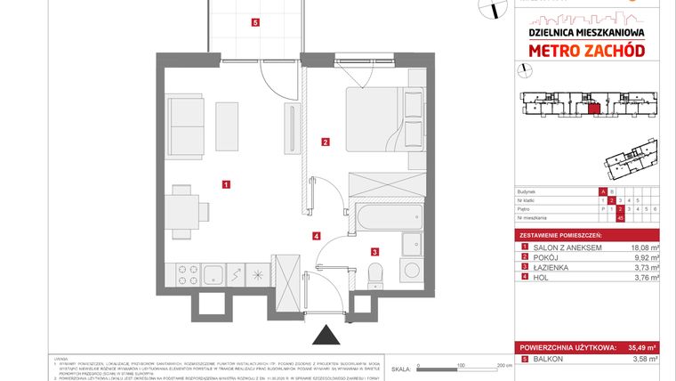 Rzut - Mieszkanie na sprzedaż 2 pokoje o powierzchni 35,49 m² - numer 13.1.A.45 w Dzielnica Mieszkaniowa Metro Zachód - etap 13