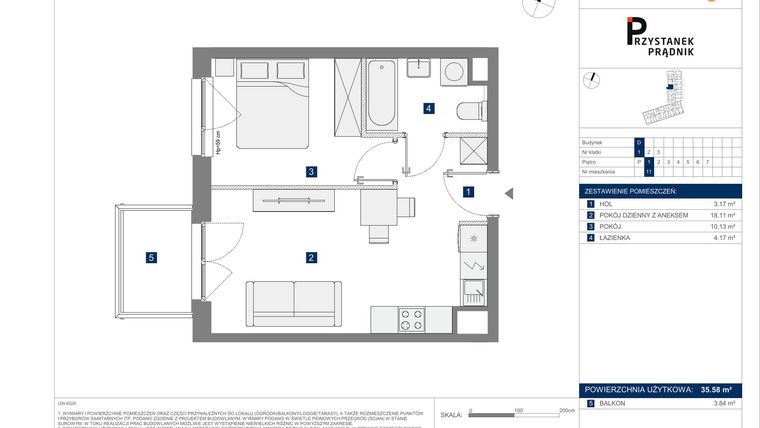 Rzut - Mieszkanie na sprzedaż 2 pokoje o powierzchni 35,58 m² - numer 11 w Przystanek Prądnik