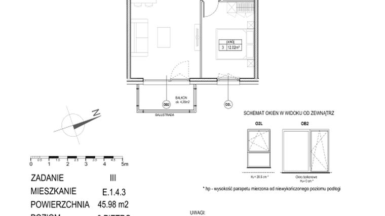 Rzut - Mieszkanie na sprzedaż 2 pokoje o powierzchni 45,98 m² - numer E.1.4.3 w Atut III