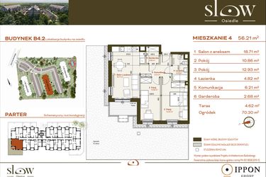 Rzut - Mieszkanie na sprzedaż 3 pokoje o powierzchni 56,21 m² - numer B4.2.4 w Osiedle SLOW
