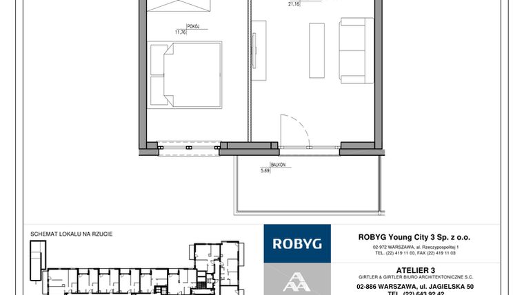 Rzut - Mieszkanie na sprzedaż 2 pokoje o powierzchni 41,29 m² - numer MC/H/A/1/9 w Modern City etap H