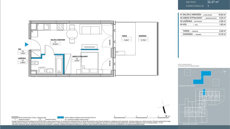 Rzut - Mieszkanie na sprzedaż 1 pokój o powierzchni 32,47 m² - numer D2.1.04 w Nordic Bemowo - etap IV