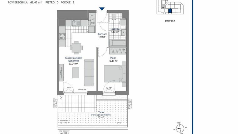 Rzut - Mieszkanie na sprzedaż 2 pokoje o powierzchni 42,43 m² - numer A.0.10 w Linea bud. A