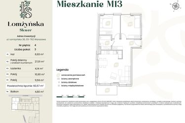Rzut - Mieszkanie na sprzedaż 3 pokoje o powierzchni 60,57 m² - numer 13 w Łomżyńska Skwer